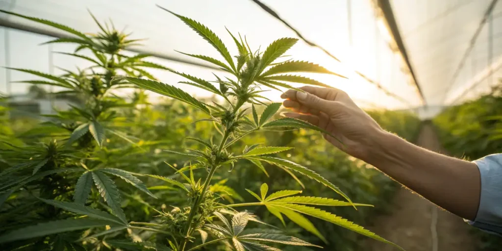 Hand inspecting cannabis plant in greenhouse during sunset lighting.
