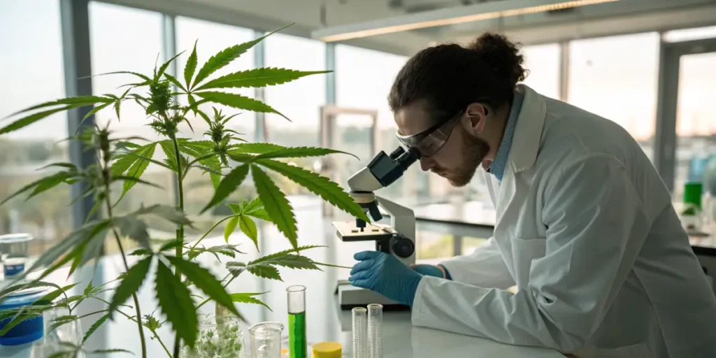 Scientist analyzing a cannabis plant with a microscope in a modern laboratory.