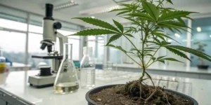Cannabis plant with visible roots in soil placed in a laboratory with microscope and glassware.