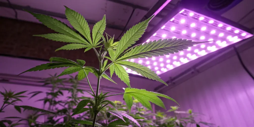 Close-up of a cannabis plant under purple LED grow lights indoors.