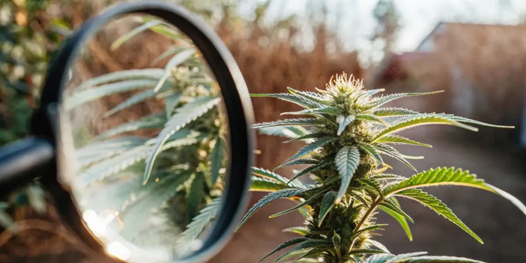 Cannabis plant inspected with a magnifying glass focusing on trichomes.
