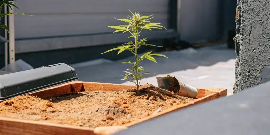 Small cannabis plant growing in a soil-filled box with visible early flowering stage.
