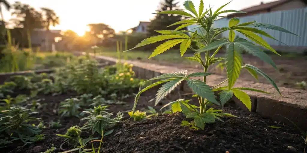 Cannabis plant growing in soil outdoors with sunset lighting.