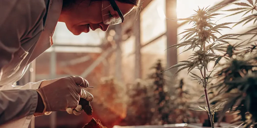 Researcher inspecting soil sample next to cannabis plant in greenhouse at sunset.