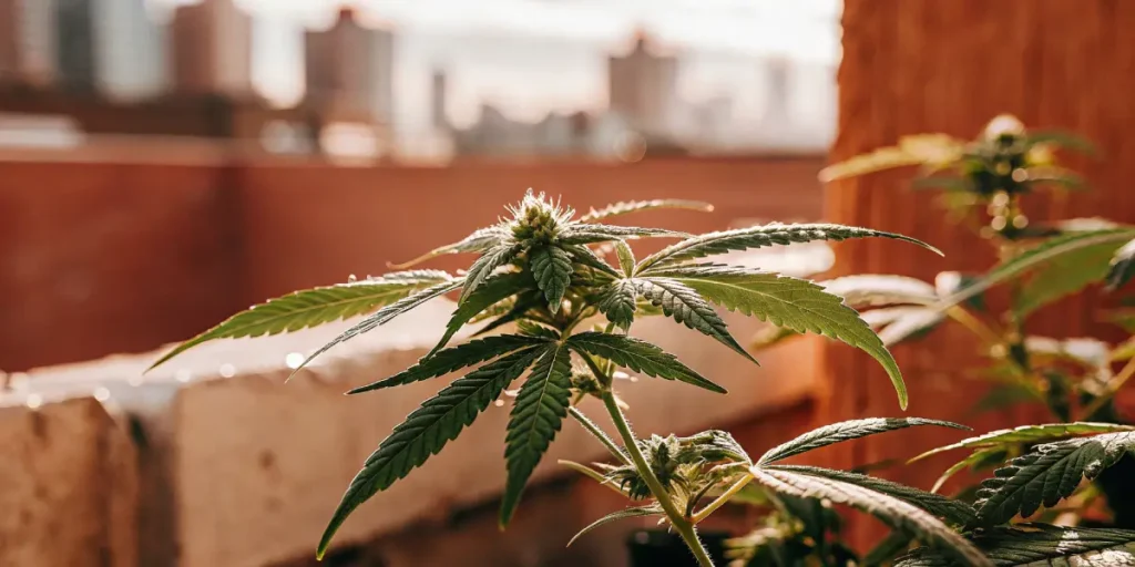 Cannabis bud with purple hues and resin coating, illuminated by soft indoor light.