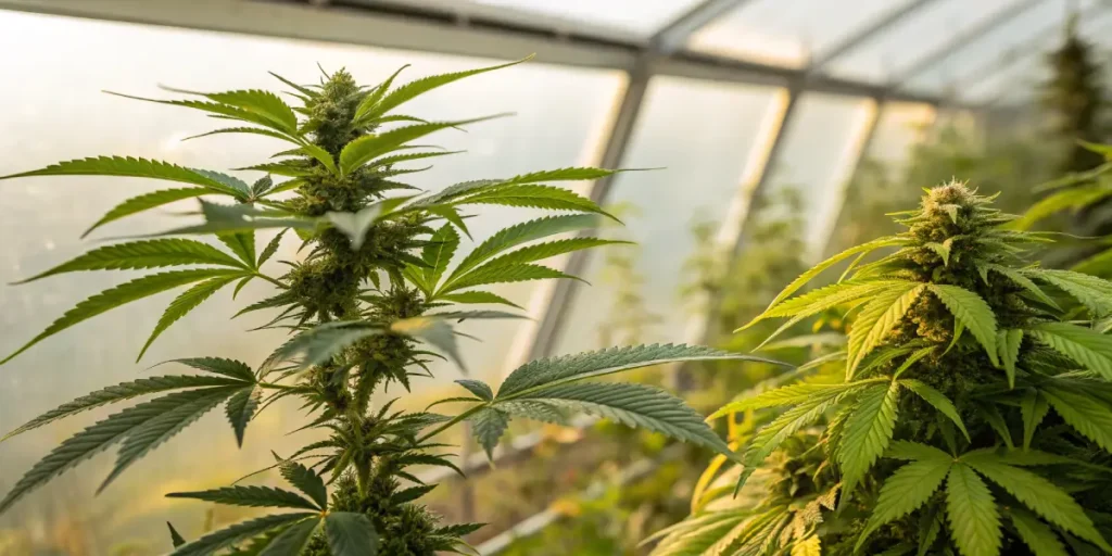 Two cannabis plants growing in greenhouse showing different growth stages.