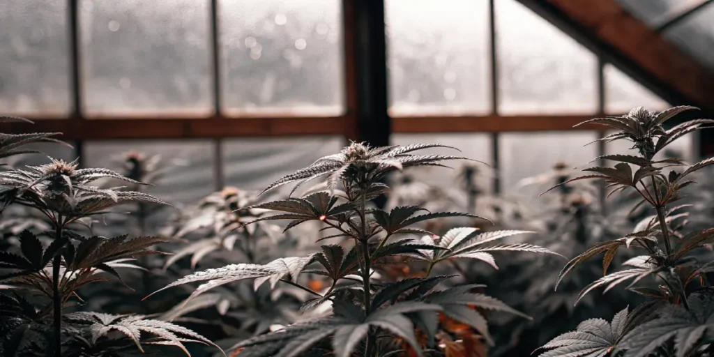 Cannabis plants growing in greenhouse during flowering stage.