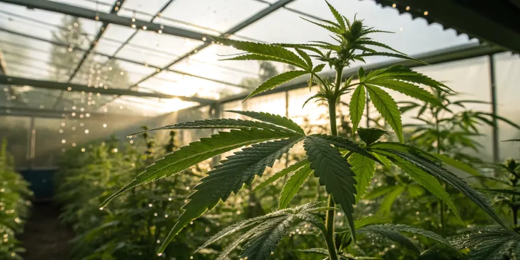 Cannabis plants in greenhouse with water spray and morning sunlight.