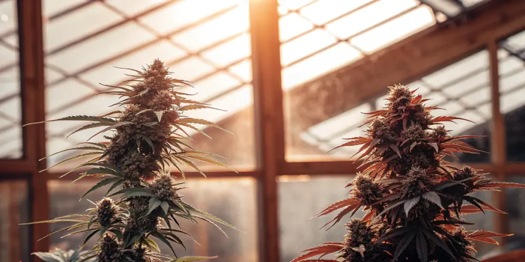 Cannabis plants in flowering stage inside a greenhouse with warm sunset light.