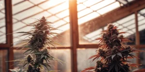Cannabis plants in flowering stage inside a greenhouse with warm sunset light.