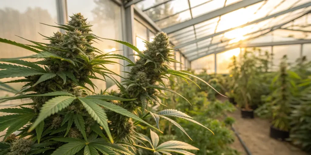 Cannabis plants growing in a greenhouse with sunlight during sunset.