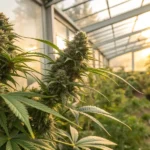 Cannabis plants growing in a greenhouse with sunlight during sunset.