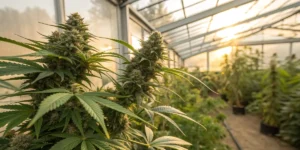 Cannabis plants growing in a greenhouse with sunlight during sunset.