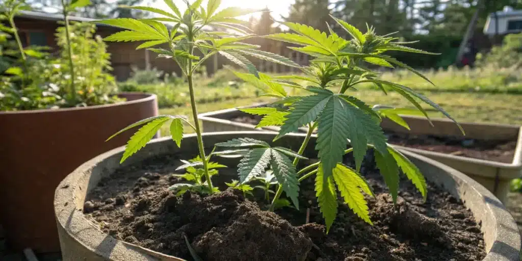 Young cannabis plants growing in soil pots outdoors under natural sunlight.