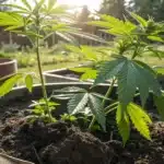 Young cannabis plants growing in soil pots outdoors under natural sunlight.