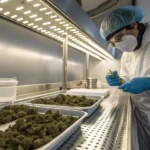 Technician inspecting cannabis buds in a controlled processing lab environment.