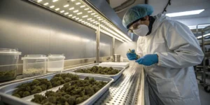 Technician inspecting cannabis buds in a controlled processing lab environment.