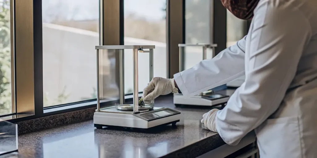 Lab technician placing cannabis sample on analytical balance for testing and measurement.