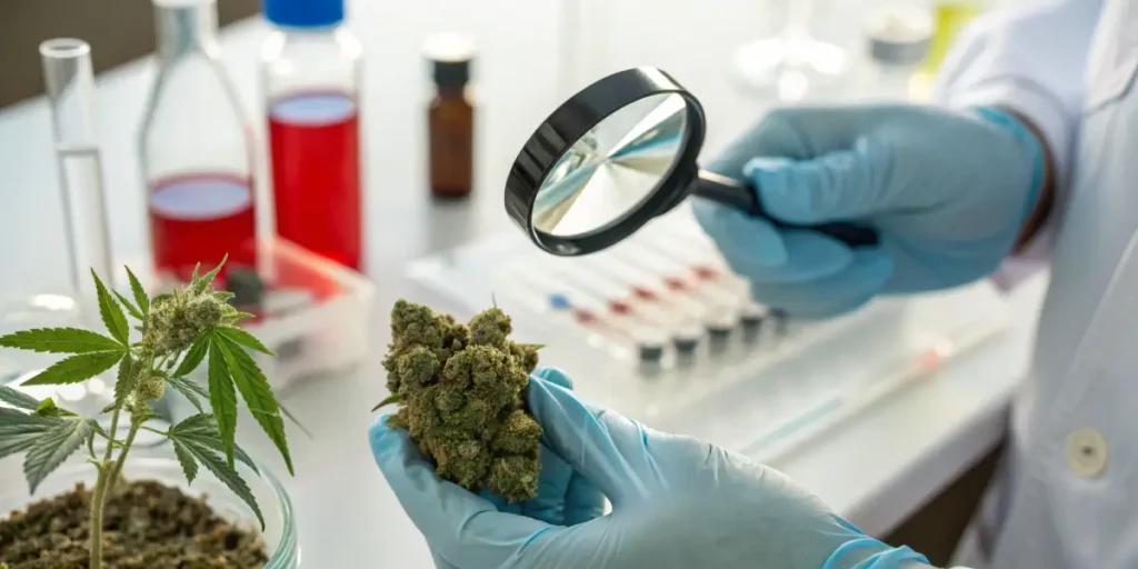 Laboratory technician examining cannabis flower with magnification tool.