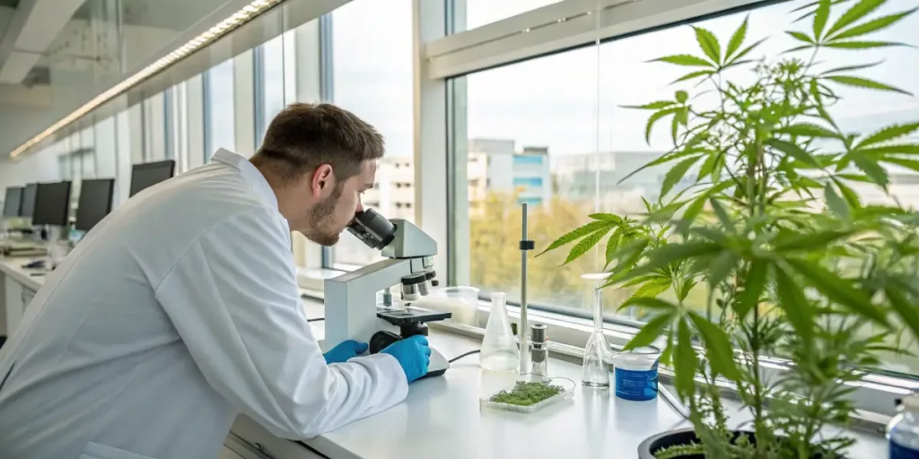 Researcher examining cannabis samples with a microscope next to a cannabis plant in a lab.