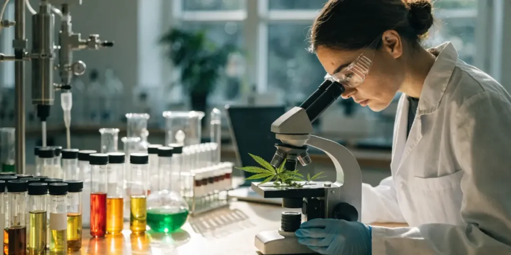 Researcher examining a cannabis leaf under a microscope with laboratory glassware and chemical samples.