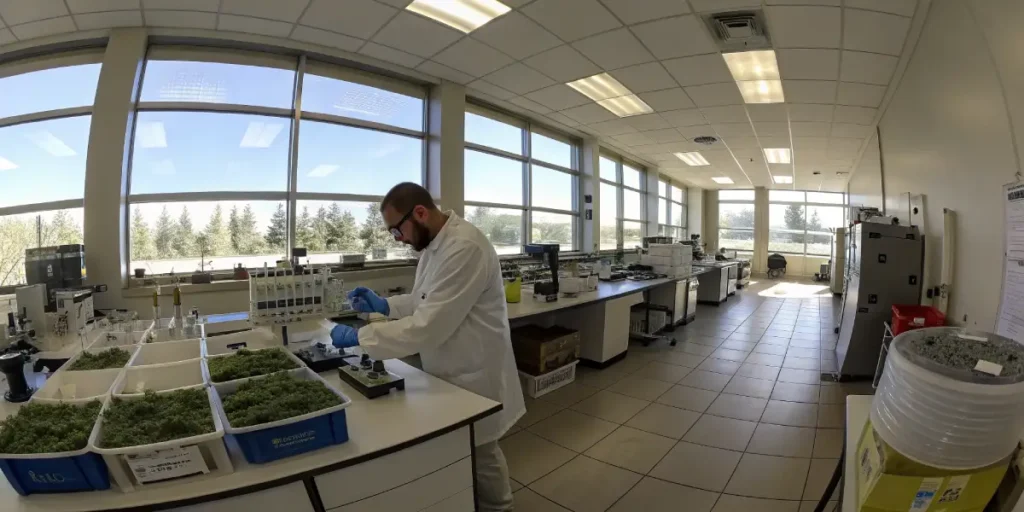 Scientist analyzing cannabis samples in a spacious modern research laboratory.