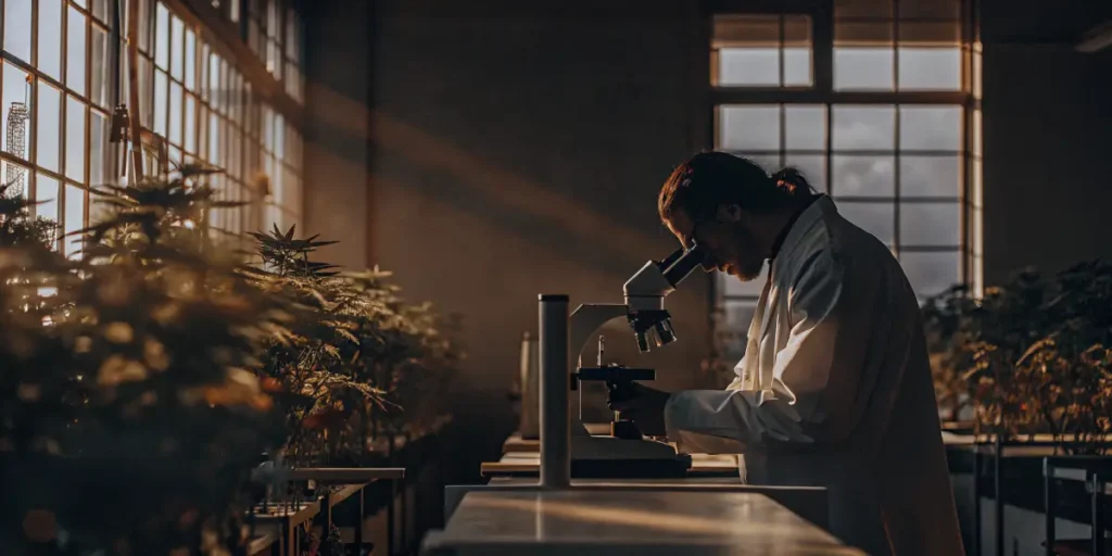 Researcher studying cannabis plants with microscope in greenhouse laboratory.