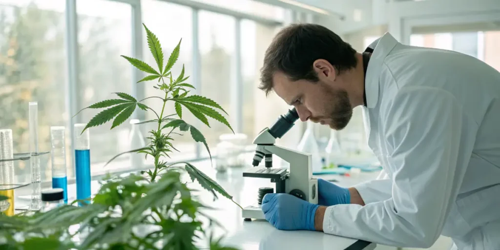 Researcher studying a cannabis sample under a microscope in a laboratory setting.