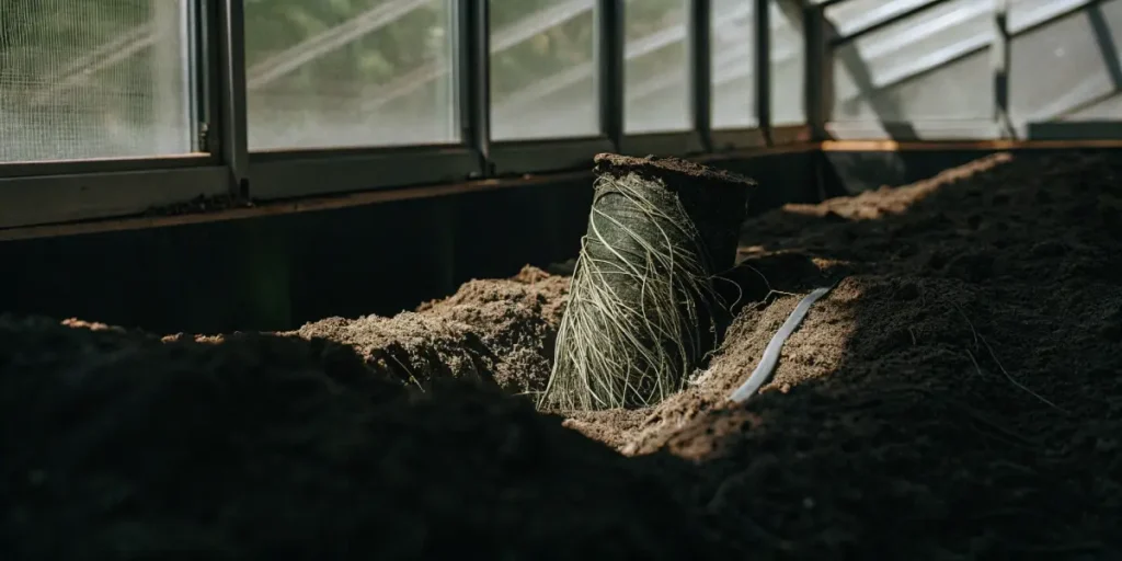 Cannabis root system exposed in soil inside greenhouse cultivation bed.