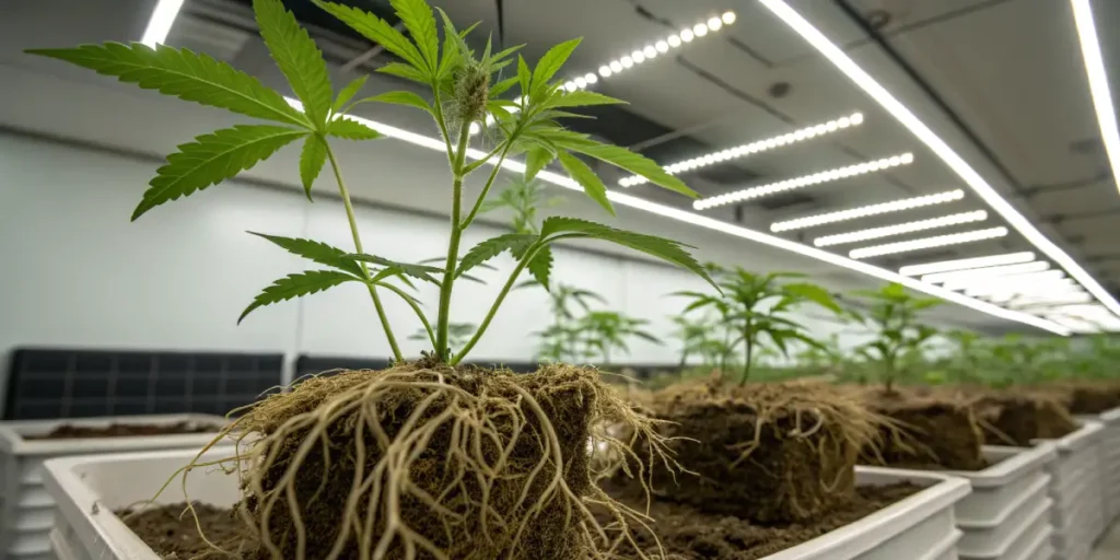 Cannabis plants with exposed roots in a controlled indoor laboratory growing system under LED lights.