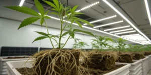 Cannabis plants with exposed roots in a controlled indoor laboratory growing system under LED lights.