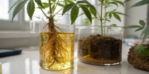 Cannabis plant roots submerged in nutrient solution inside glass container.