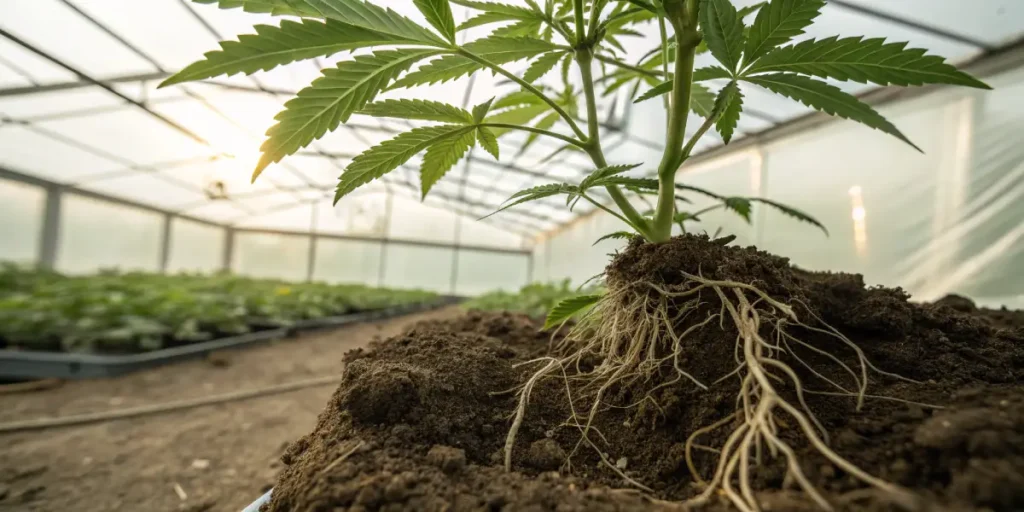 Close-up of cannabis plant roots in soil inside greenhouse environment.
