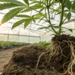 Close-up of cannabis plant roots in soil inside greenhouse environment.