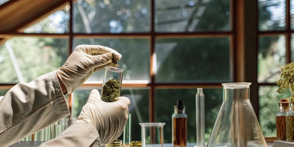 Gloved hands placing cannabis sample into glass container for laboratory testing.
