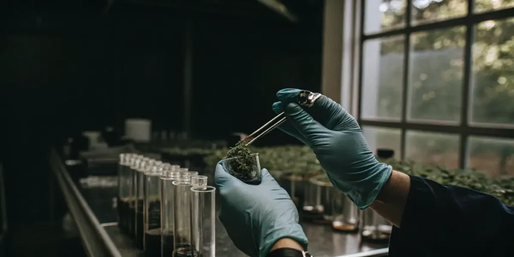 Detailed view of a cannabis sample being handled in a laboratory with test tubes in the background. The image represents professional testing procedures, quality assurance, and cannabis research processes.