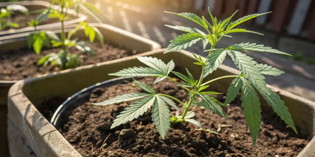 Cannabis seedling growing in soil pot outdoors in sunny environment.
