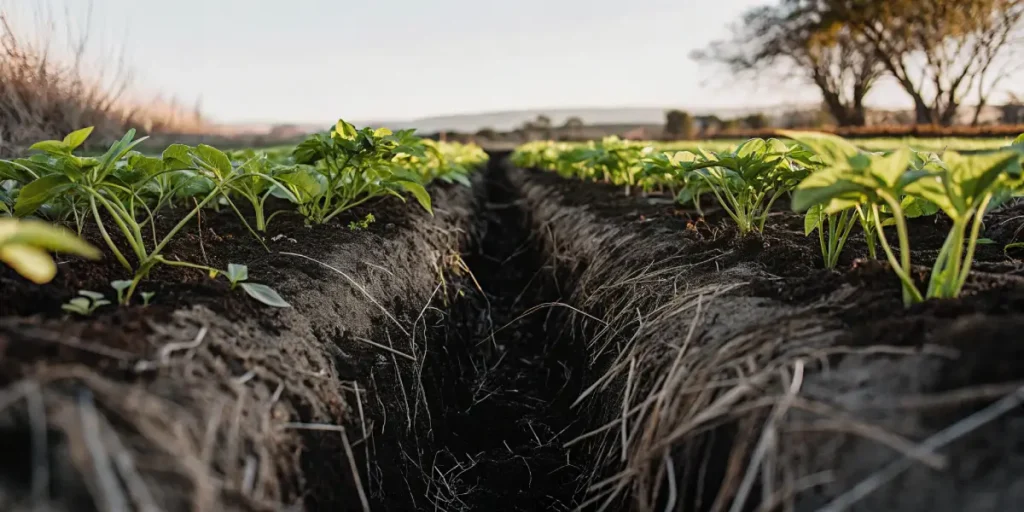 Cannabis seedlings planted along irrigation trench in outdoor field.