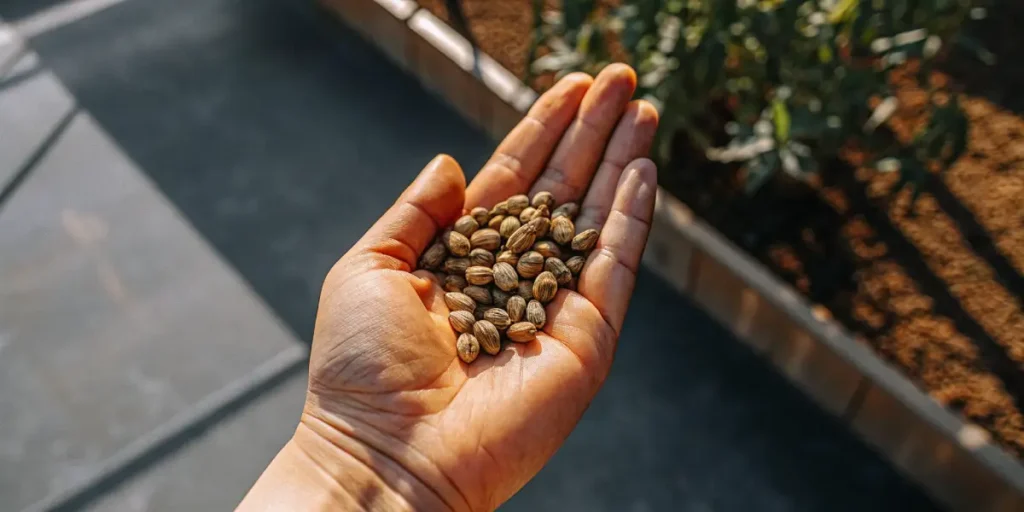 Hand holding cannabis seeds near an outdoor grow bed in sunlight.