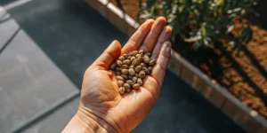 Hand holding cannabis seeds near an outdoor grow bed in sunlight.