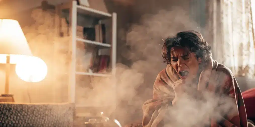 Person coughing in a smoky room after inhaling cannabis smoke.