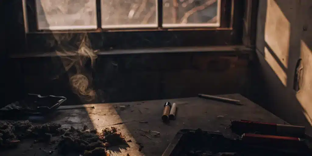 Cannabis buds, rolling papers, and tools on a table with smoke in the air.