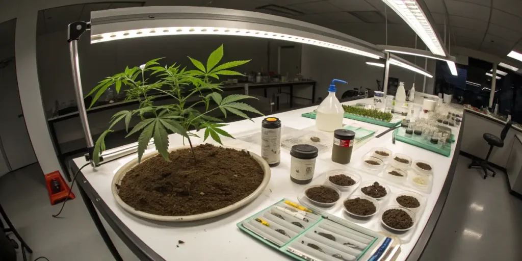 Cannabis plant with soil samples arranged in laboratory under artificial lighting.