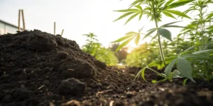 Cannabis plant growing in freshly prepared rich soil outdoors at sunset.