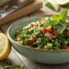 Fresh cannabis tabbouleh salad with parsley, tomato, lemon, and olive oil.