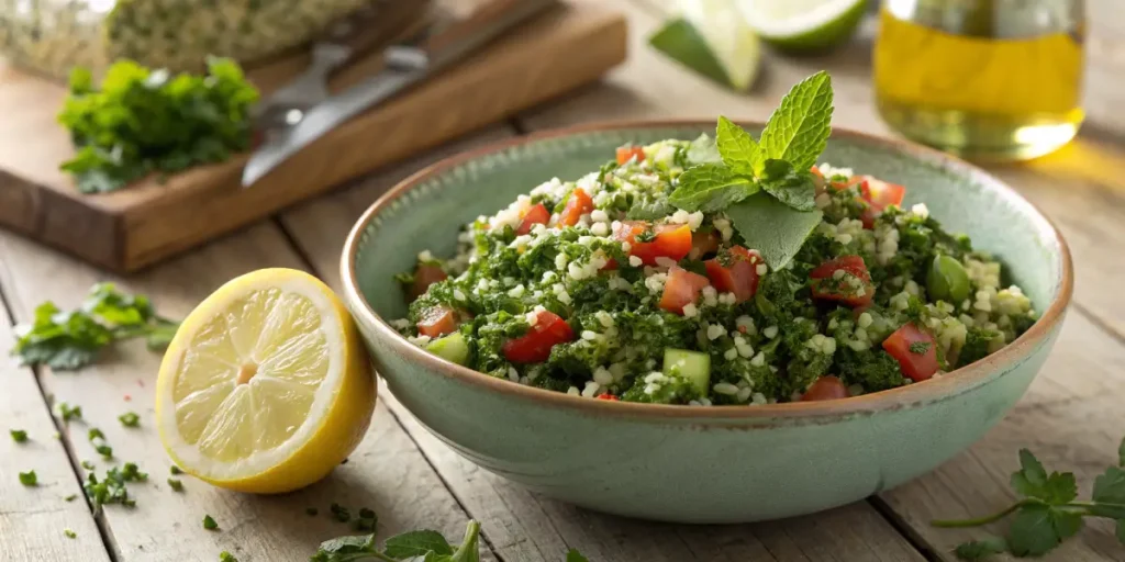 Fresh cannabis tabbouleh salad with parsley, tomato, lemon, and olive oil.