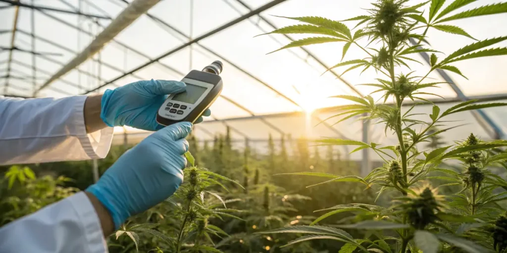 Scientist measuring cannabis plant conditions with digital device in greenhouse.