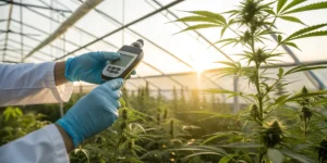 Scientist measuring cannabis plant conditions with digital device in greenhouse.