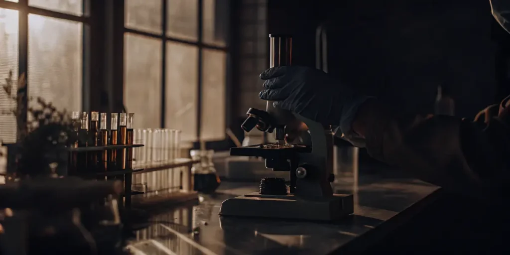 Scientist using a microscope to test cannabis samples in a dimly lit laboratory.