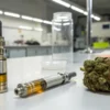 Cannabis vape cartridge and device next to a cannabis bud in a laboratory setting.